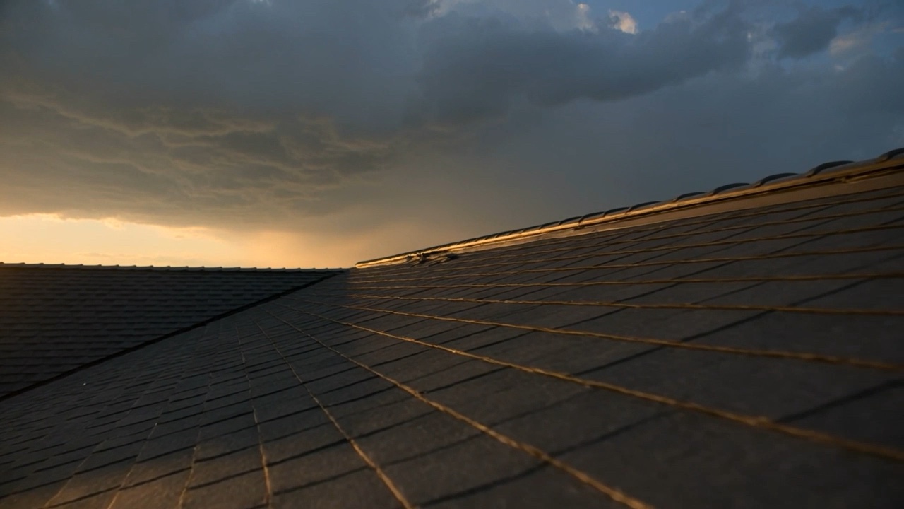 Warm light raking across a new shingle roof at golden hour